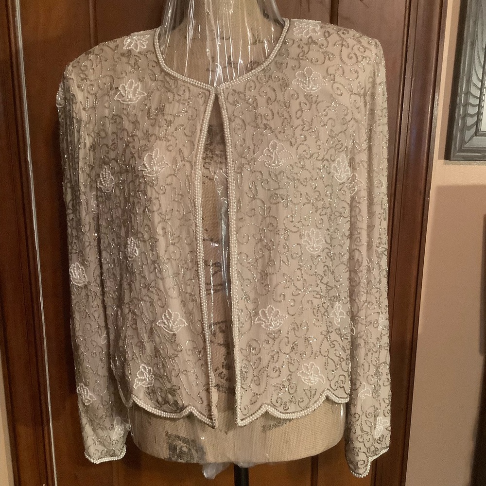 Cream Color Beaded Jacket, Hook & Eye Closure, missing tags